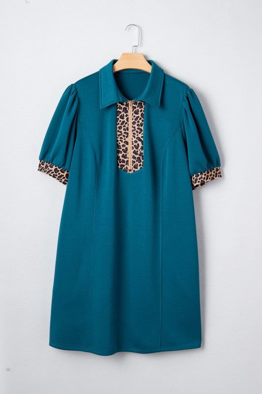 Plus Size Leopard Patchwork Quarter-Zip Collared D