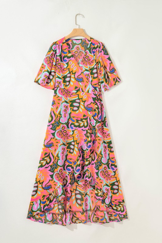 Tropical V-Neck Ruffle Asymmetric Slit Maxi Dress