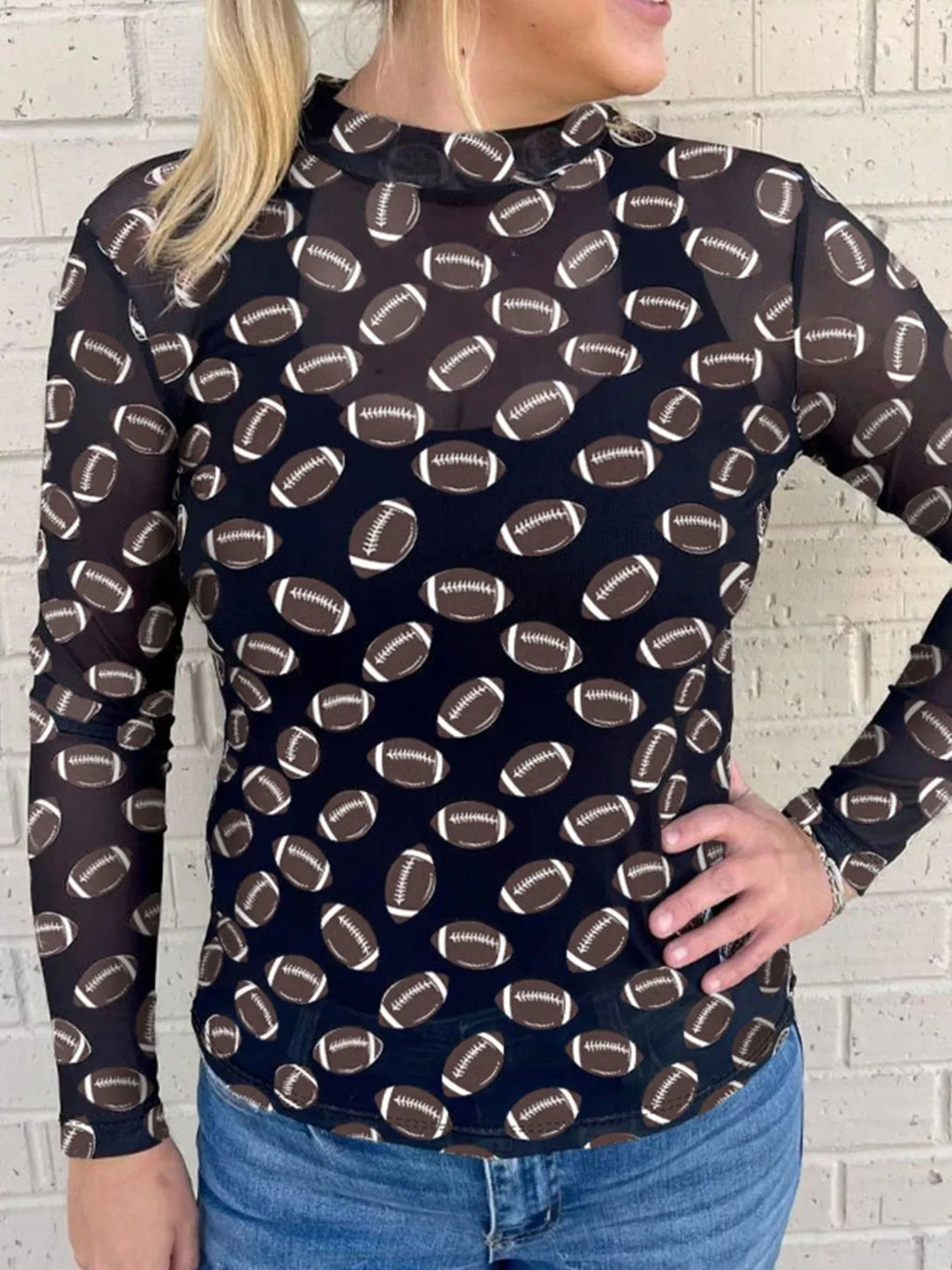 Game Day Football Print Long Sleeve Mesh - Black