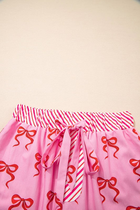 Bow Stripe Patchwork Elastic Waist Shorts