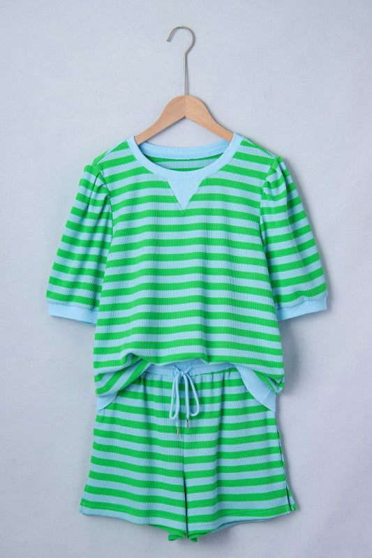 Stripe Puff Sleeve Shirt and Drawstring Shorts Set