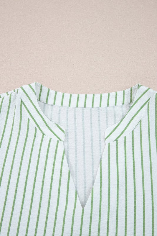 Floral Stripe Puff Sleeve Notched V-Neck Blouse