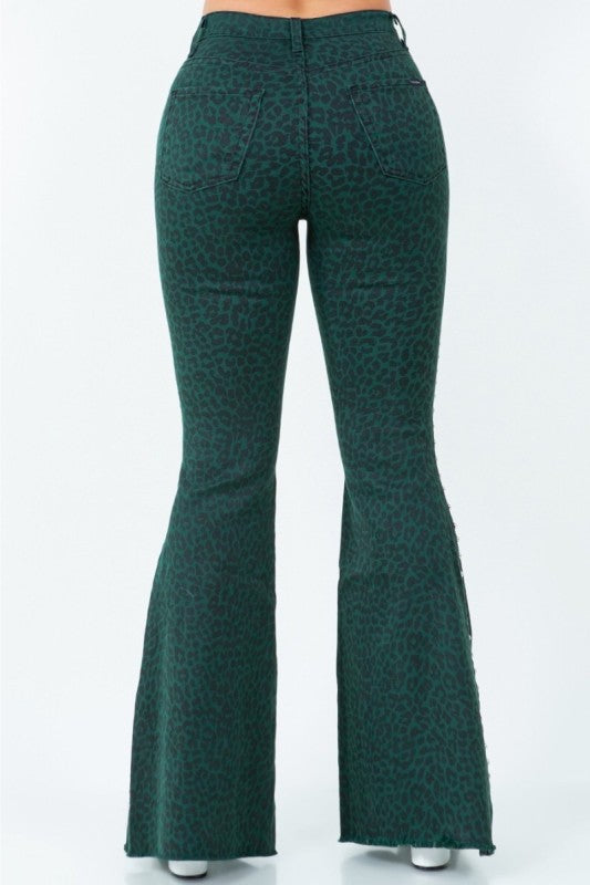Studded Leopard Bell Bottom Jean in Green