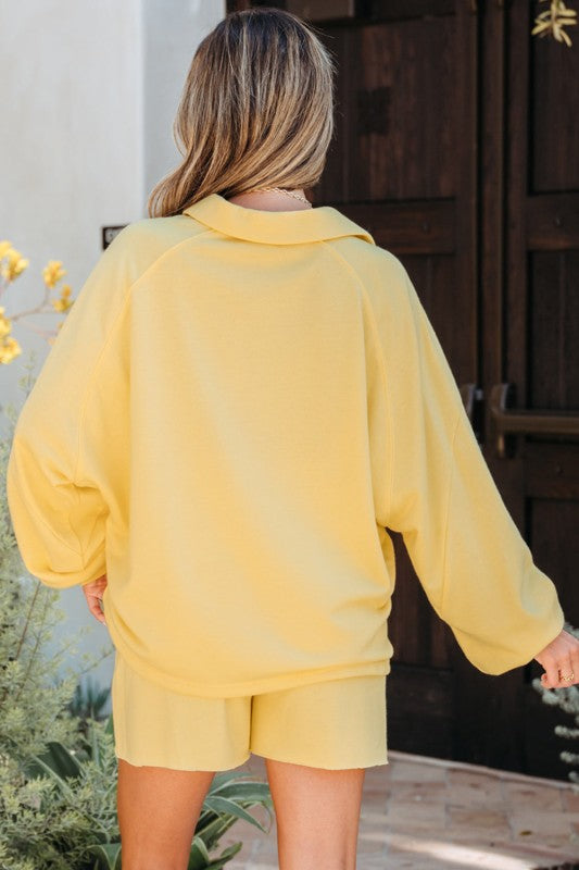 Solid Buttoned Collar Pullover & Shorts Set