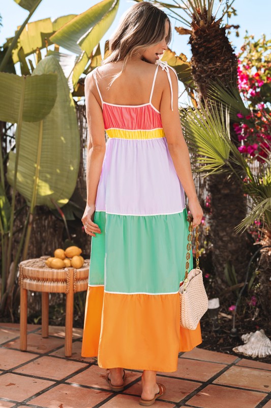 Colorblock Self-Tie Straps Pocketed Maxi Dress