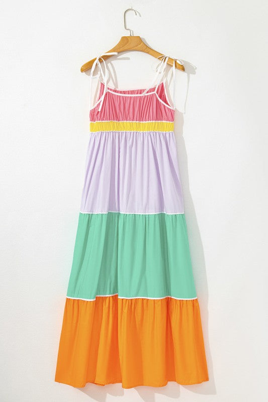 Colorblock Self-Tie Straps Pocketed Maxi Dress