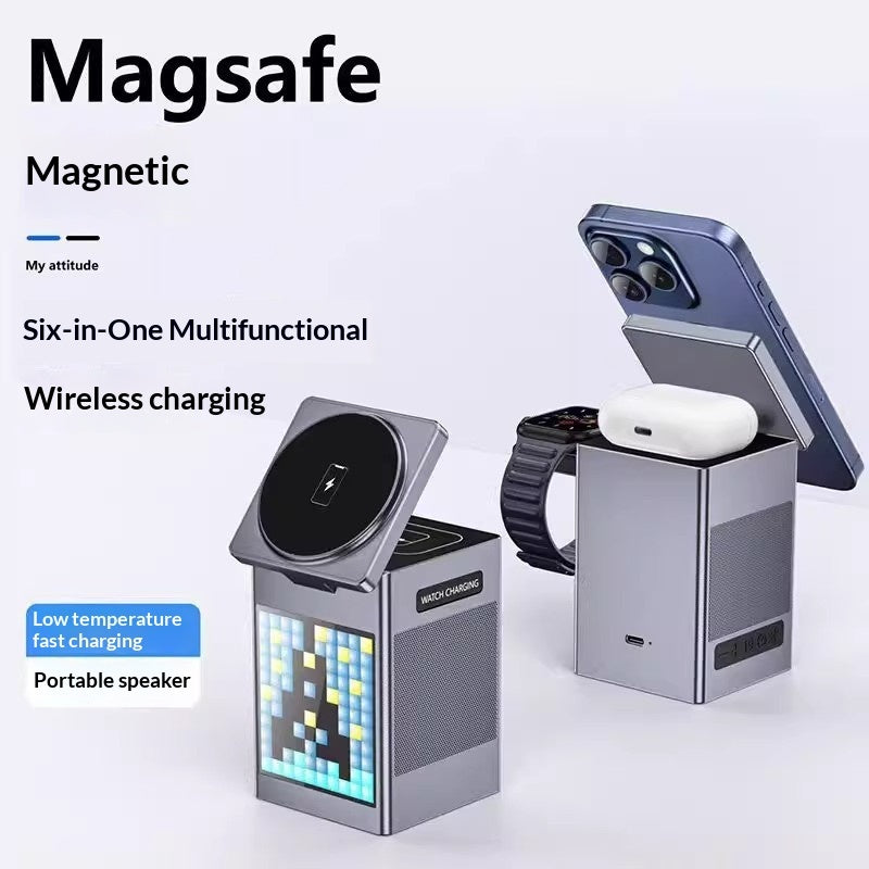 All-in-one Multi-functional Magnetic Bluetooth Speaker Alarm Clock Wireless Charger And Desktop Phone Stand