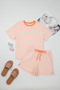 Stripe Neck Loose Tee & Drawstring Shorts Set