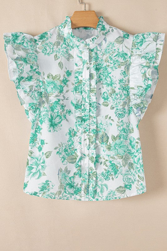 Floral Ruffle Sleeve Frilled Button-Up Shirt