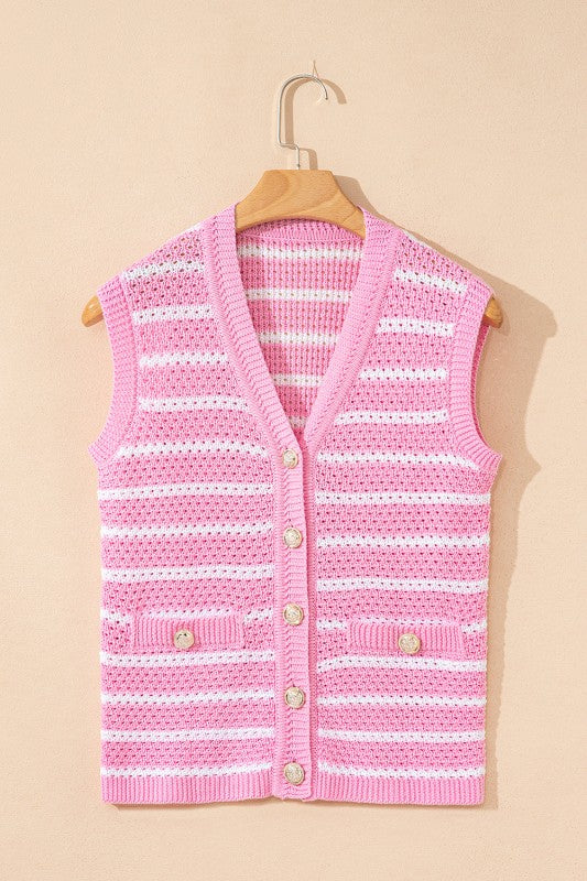 Stripe Buttoned V-Neck Sweater Knit Top