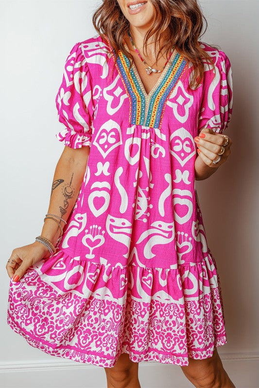 Boho Abstract Contrast Trim V-Neck Flared Dress