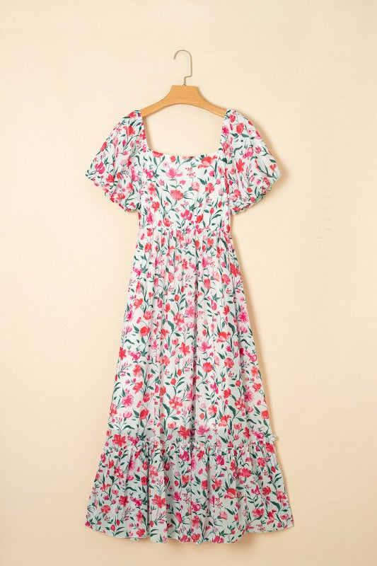Floral Puff Sleeve Empire Waist Tiered Dress