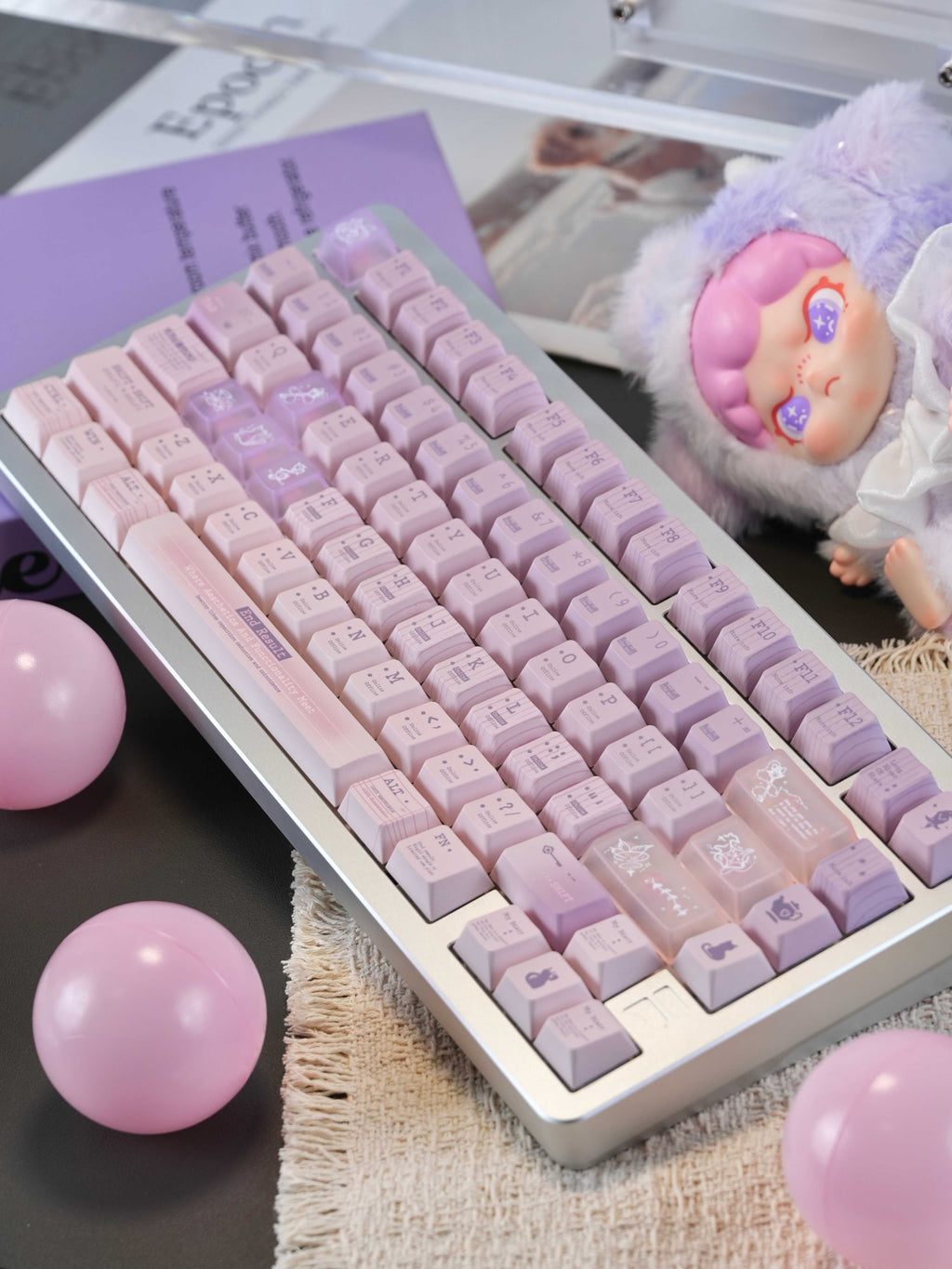 Light Retro Music Keycaps In Versatile Pink-purple, With A Frosted Translucent PC Finish For Keyboards
