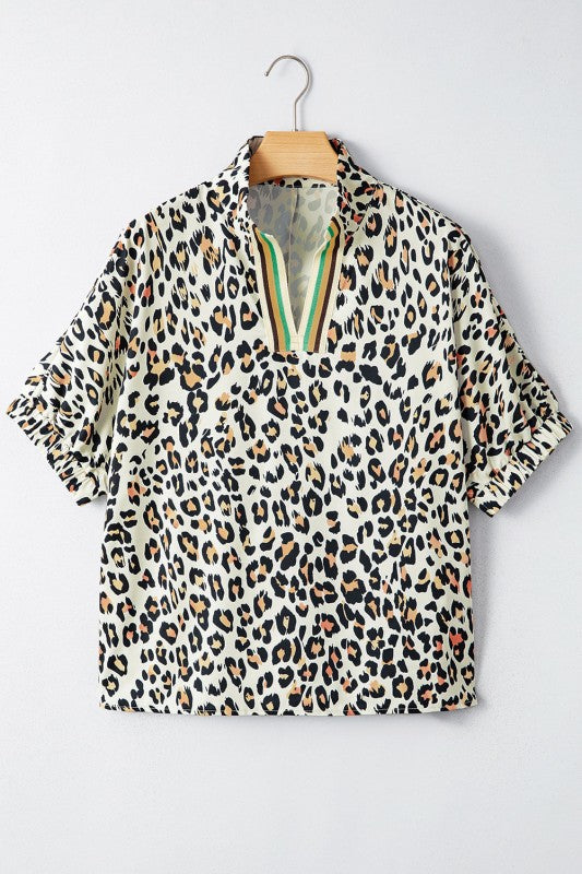 Leopard Colorblock V-Neck Short Sleeve Blouse