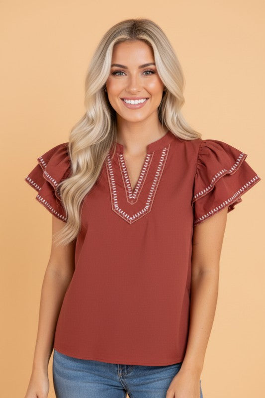 Contrast Trim Flutter Sleeve V-Neck Blouse