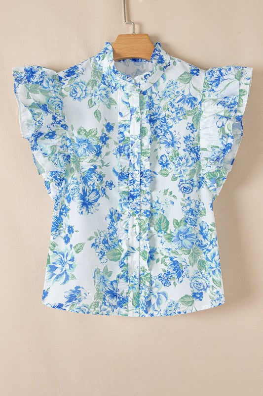 Floral Ruffle Sleeve Frilled Button-Up Shirt
