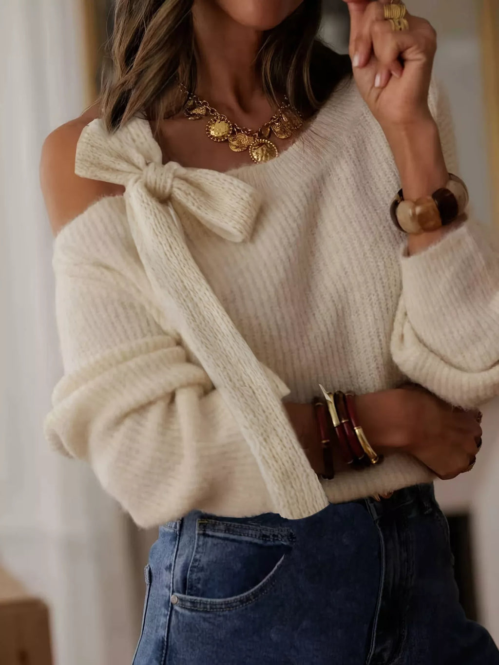 Bow-Accent One-Shoulder Sweater