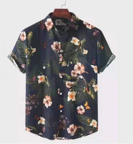 Men's  Floral Print Cotton-Linen Short Sleeve Shirt