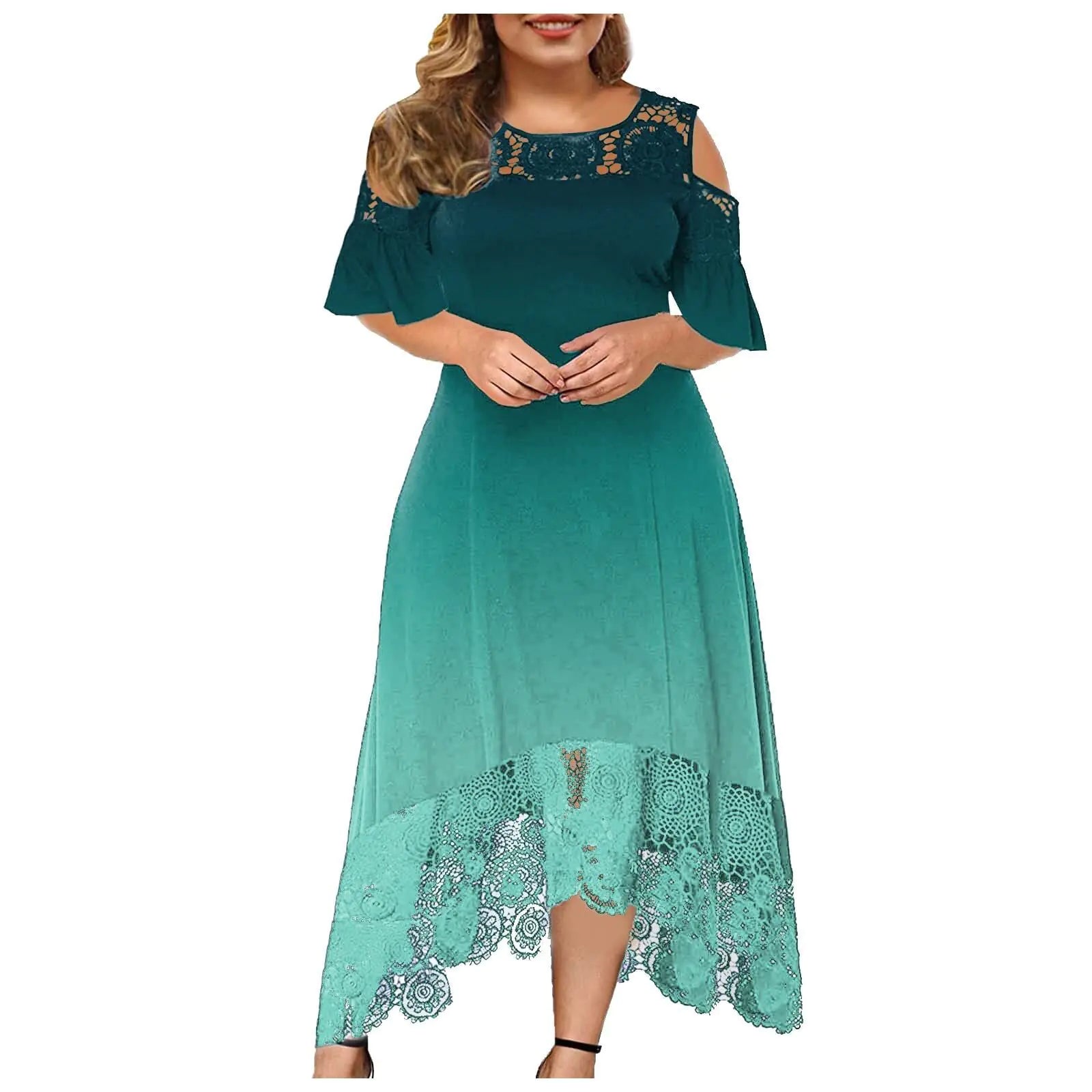 Trendy Plus-Size Gradient Lace Shoulder Dress for Women