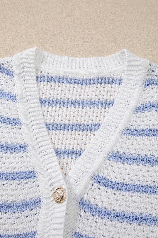 Stripe Buttoned V-Neck Sweater Knit Top