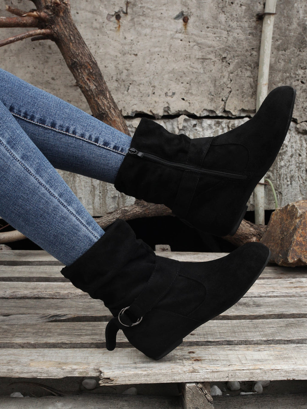 Ankle Boots  Round Toe Buckle Belt Side Zipper Boots