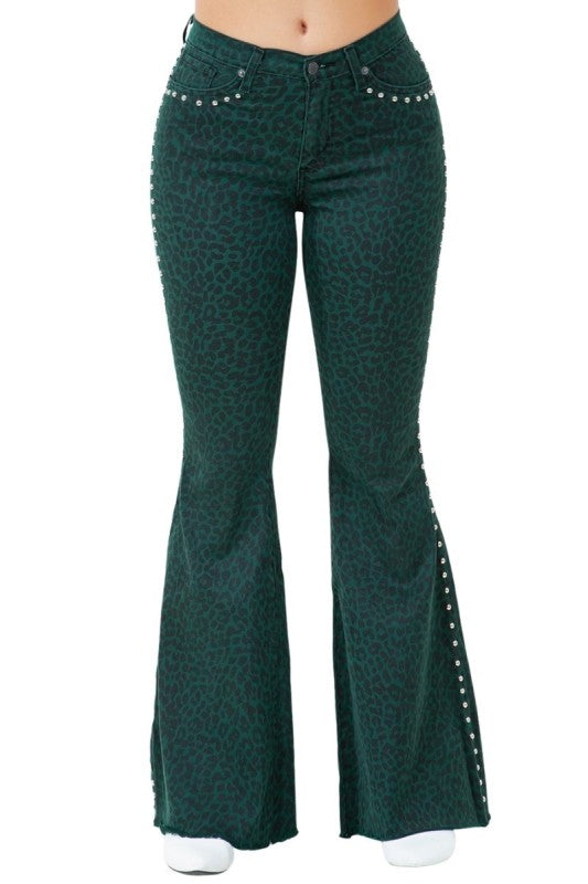 Studded Leopard Bell Bottom Jean in Green