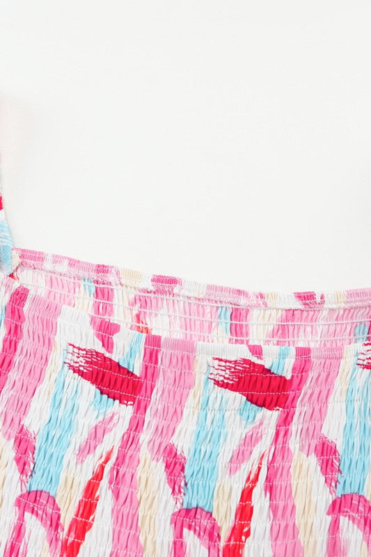 Abstract Brush Stroke Smocked Ruffle Tiered Dress