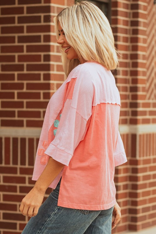 Flower Patch Exposed Seam Bracelet Sleeve T-Shirt