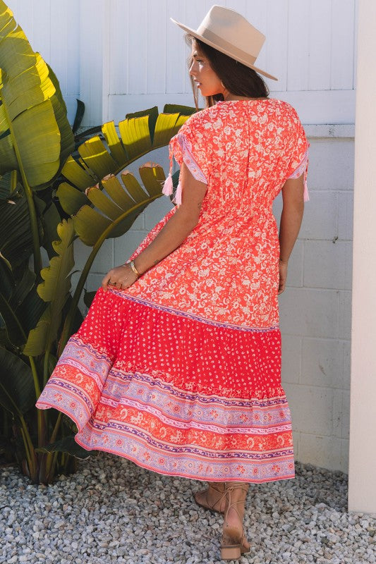 Floral Tassel Tie Sleeve Empire Waist Maxi Dress