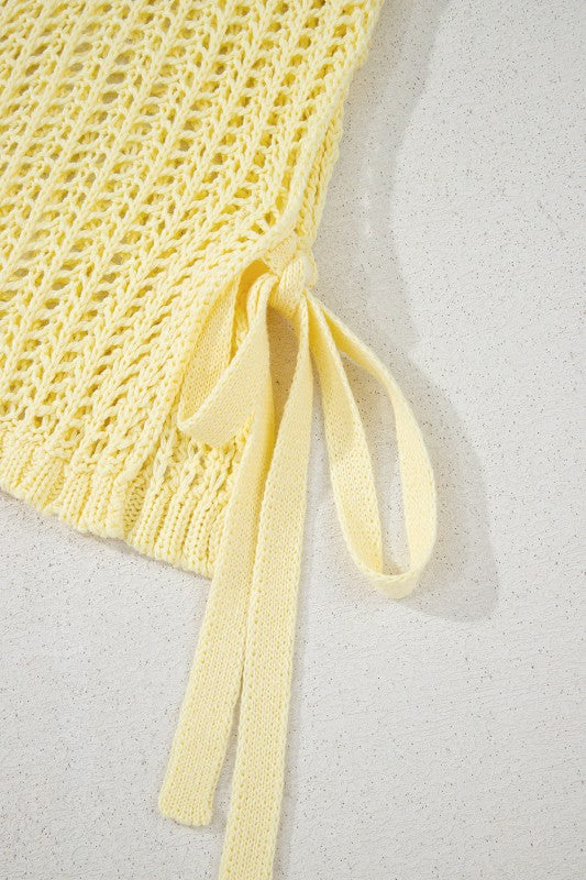 Hollow-out Crochet Tie Side Short Sleeve Sweater