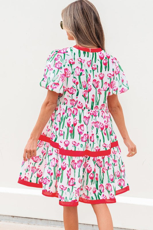 Floral Contrast Trim V-Neck Babydoll Dress