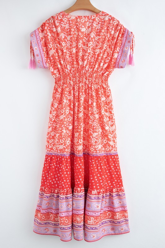 Floral Tassel Tie Sleeve Empire Waist Maxi Dress