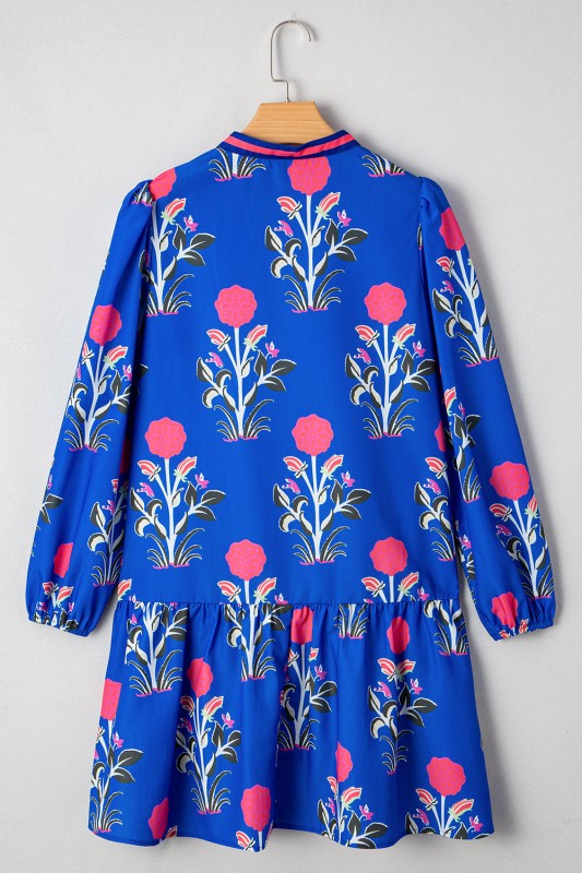 Floral Contrast Stripe Trim Notch Neck Dress