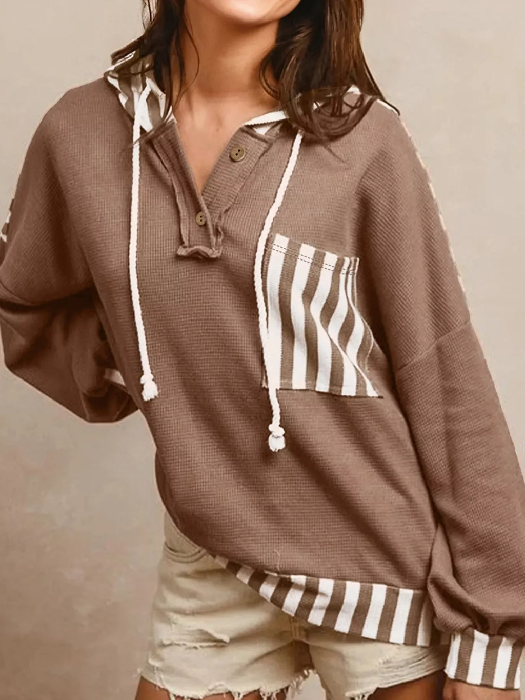 Waffle Texture Striped Patchwork Button Neck Drawstring Hoodie