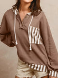 Waffle Texture Striped Patchwork Button Neck Drawstring Hoodie