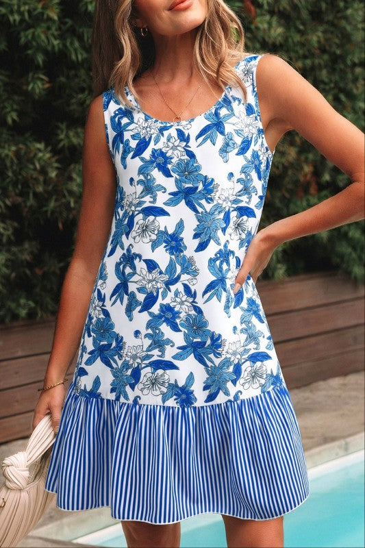 Floral Scoop-Neck Stripe Ruffle-Hem Dress
