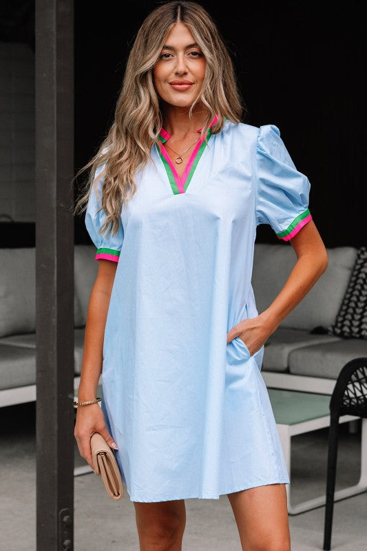 Colorblock Contrast Stripe V-Neck Puff Sleeve Mini