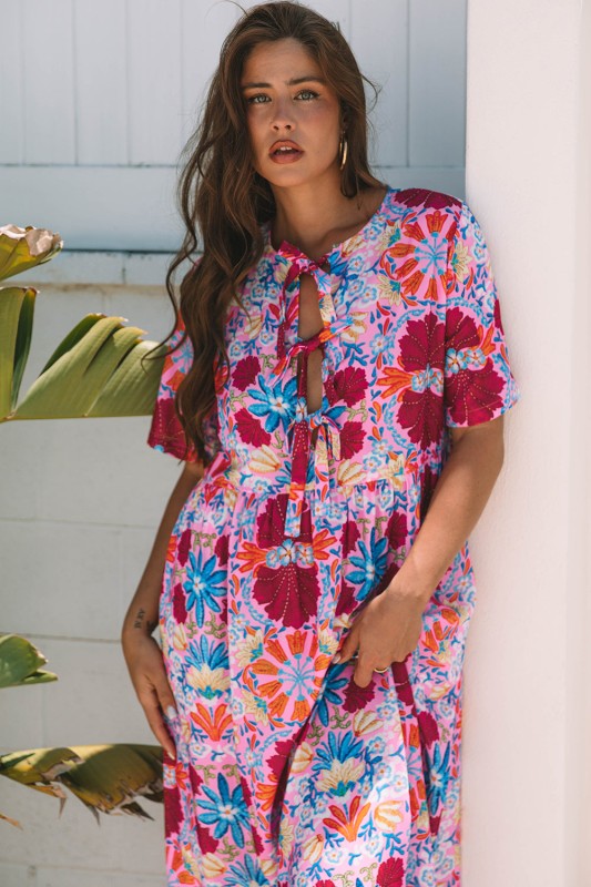 Floral Tied Front High Waist Short Sleeve Dress