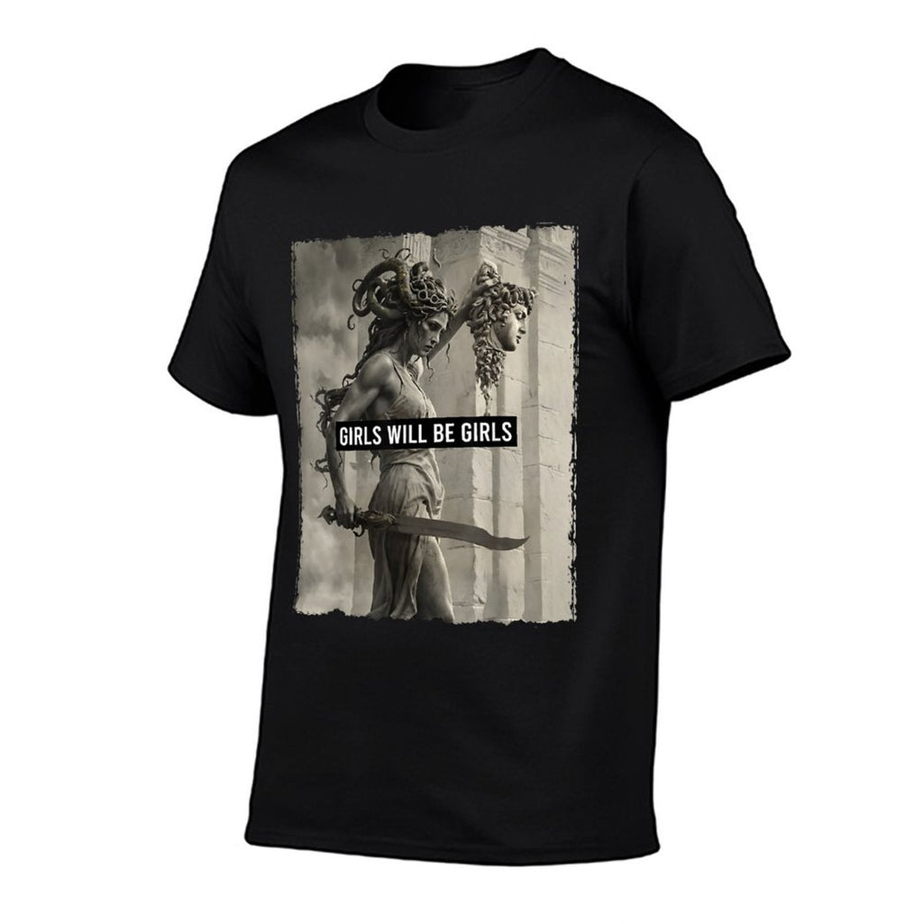 Girl Will Be Girls S Medusa Feminist Women Ribbed Collar T-Shirt