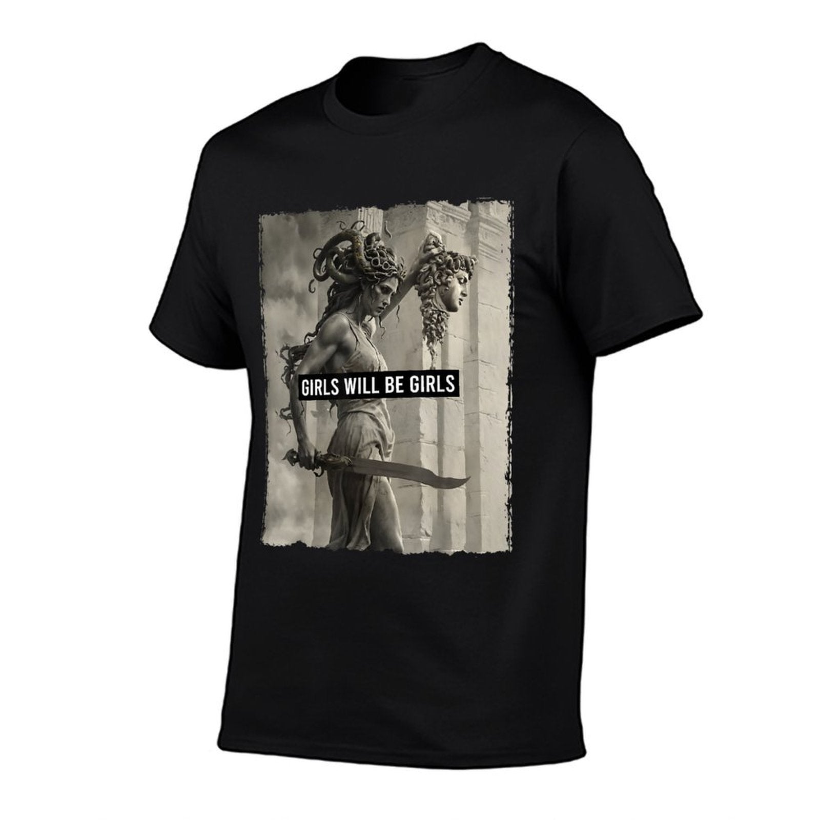 Girl Will Be Girls S Medusa Feminist Women Ribbed Collar T-Shirt