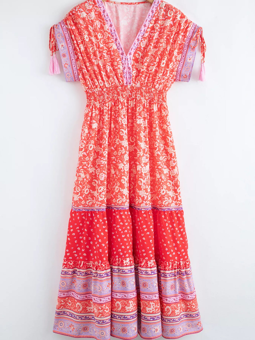 Floral Print Tasseled Tied Sleeve Empire Waist Dress