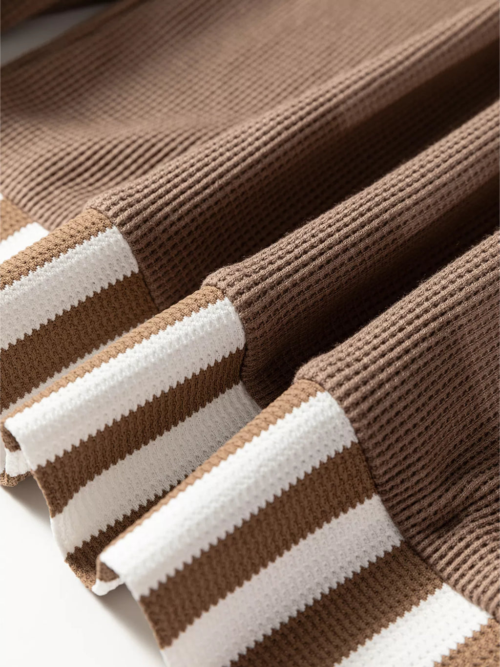 Waffle Texture Striped Patchwork Button Neck Drawstring Hoodie
