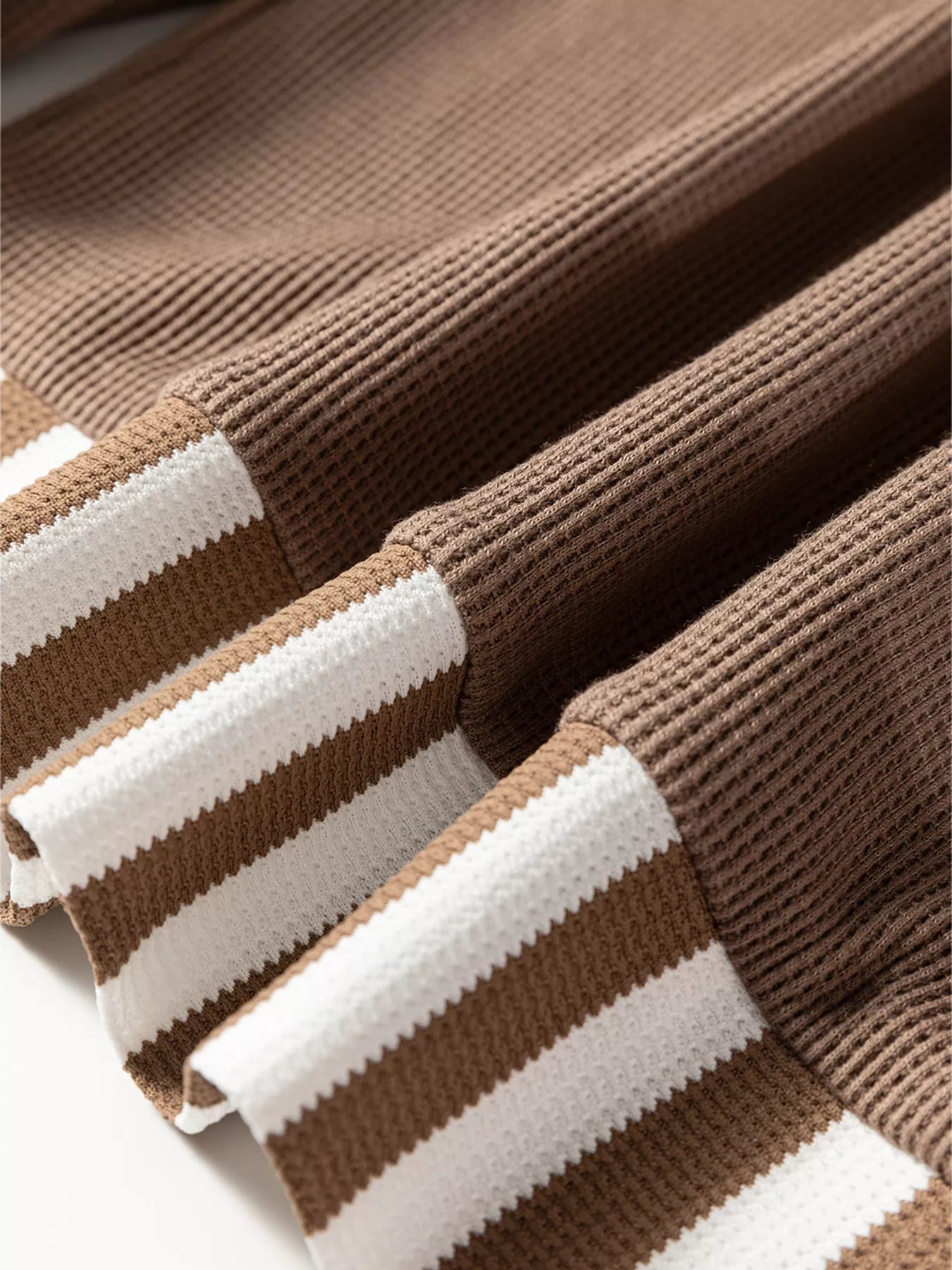 Waffle Texture Striped Patchwork Button Neck Drawstring Hoodie