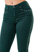 Studded Leopard Bell Bottom Jean in Green