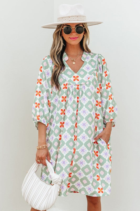 Geometric Floral 3/4 Sleeve Notched Neck Mini Dres