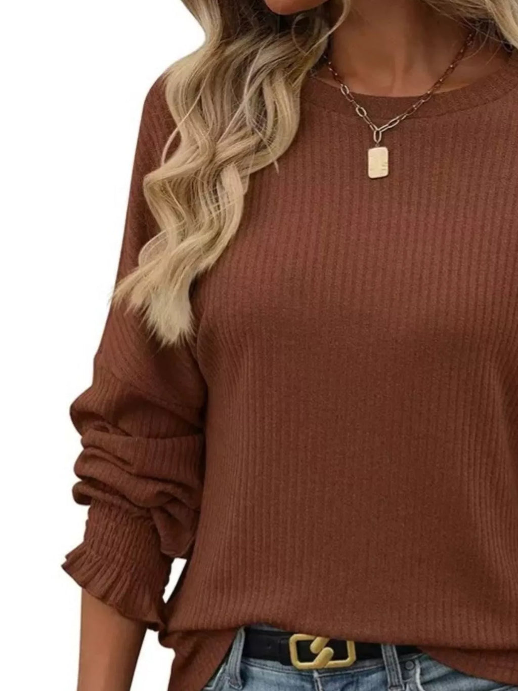 Ribbed Knit Long Sleeve T-Shirt