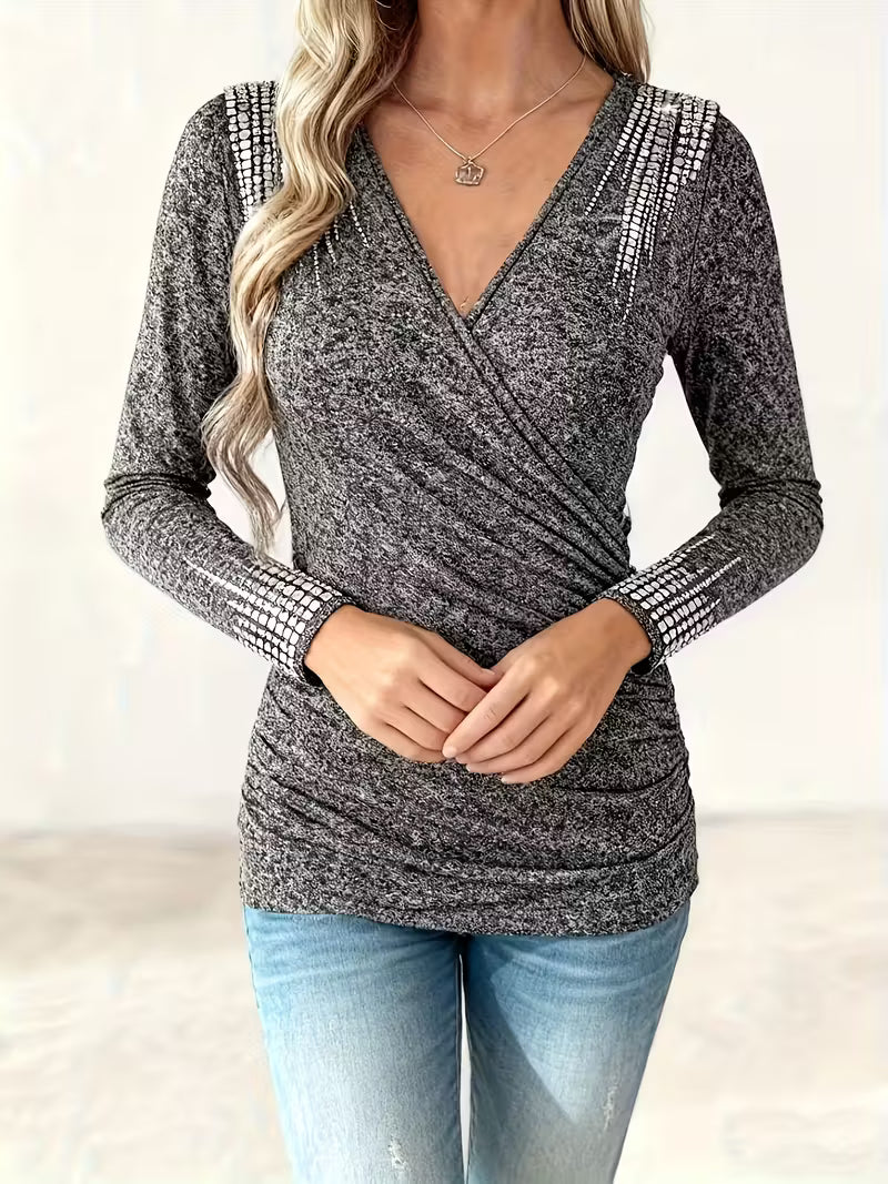 Plus Size Women's Casual Long Sleeve Top with Rhinestone Design