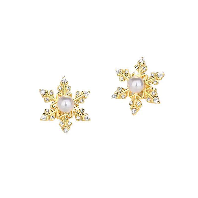 Sterling Silver Snowflake Earrings with Zircon and Pearl