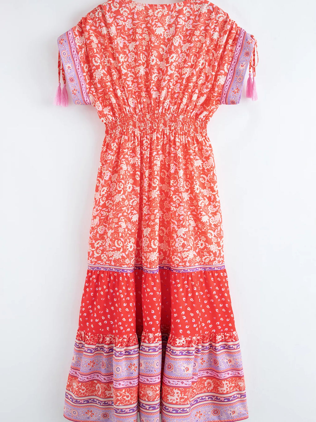 Floral Print Tasseled Tied Sleeve Empire Waist Dress