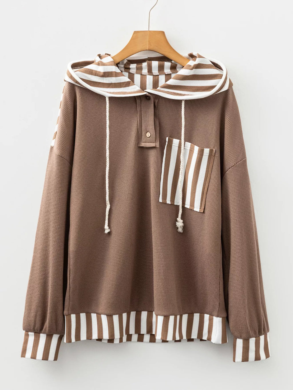 Waffle Texture Striped Patchwork Button Neck Drawstring Hoodie